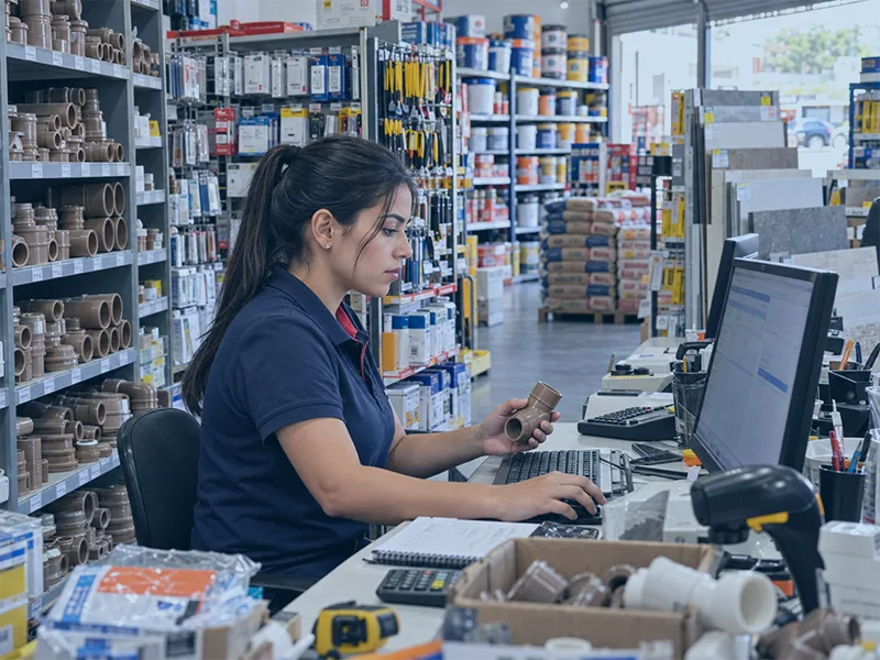 Funcionária realizando cadastro de produtos em loja de material de construção