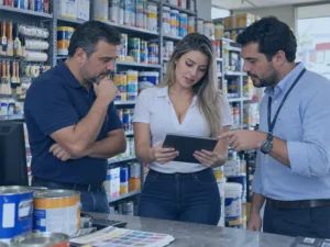 Gestores avaliando fornecedores em loja de tintas com apoio de informações de compras e estoque