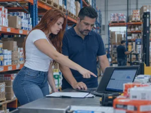 Gestor realizando planejamento de compras em distribuidora com análise de estoque e demanda
