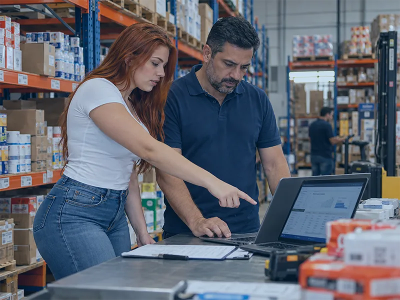Gestor realizando planejamento de compras em distribuidora com análise de estoque e demanda