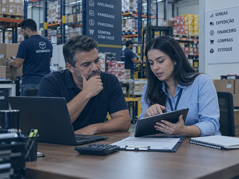 Gestor e vendedor analisando preços, descontos e condições comerciais em uma distribuidora
