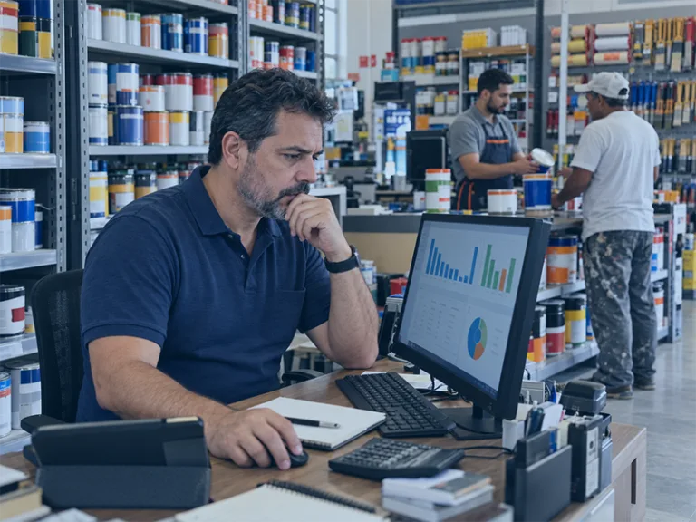 Gestor analisando rentabilidade por cliente em loja de tintas com dados de vendas e margem